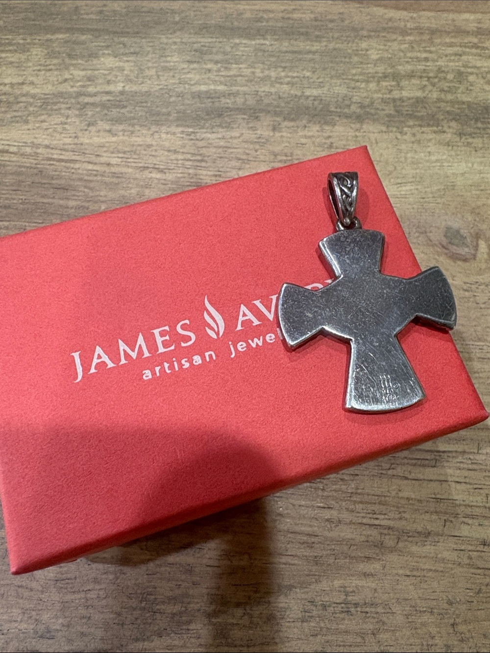 James Avery Silver Celtic Heart Cross Pendant on Red Box - Picture 2 of 2
